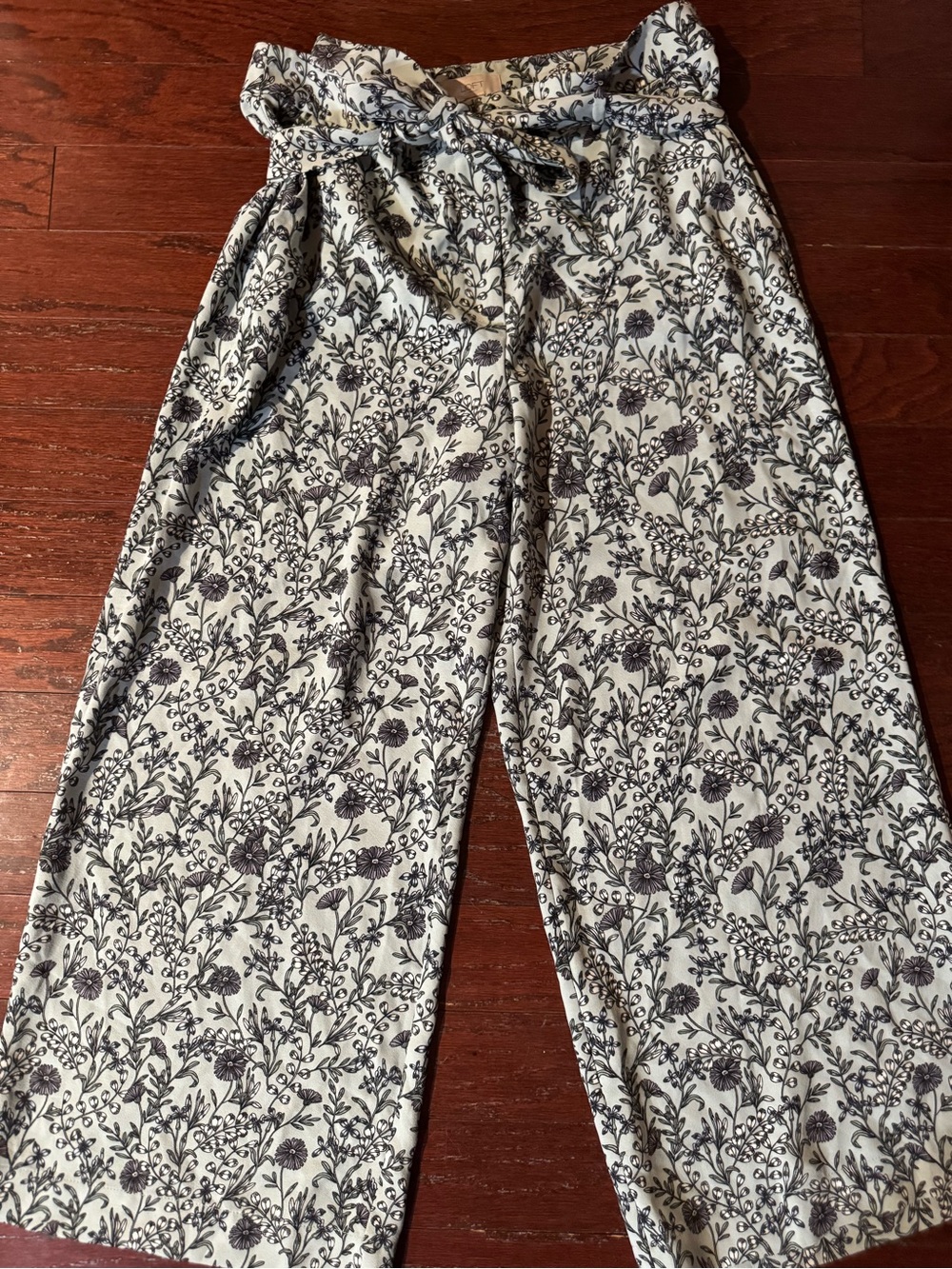 LOFT Cream Wide-Leg Paperbag Pants with Black Floral Print